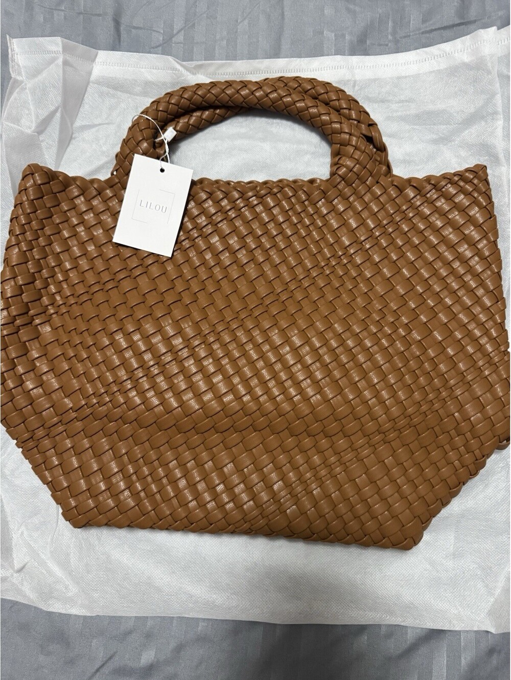 LILOU Woven Tote Bag Brown Cognac Large Handwoven Shoulder Handbag NWT